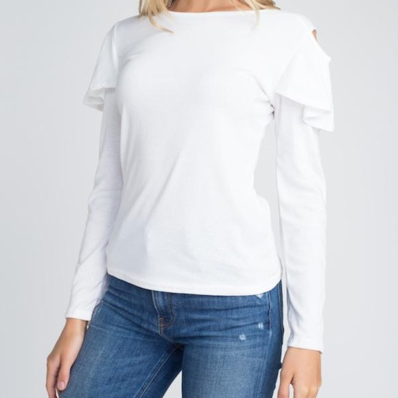 Cold Shoulder Ruffle Long Sleeve Top- White - Picture 2 of 5
